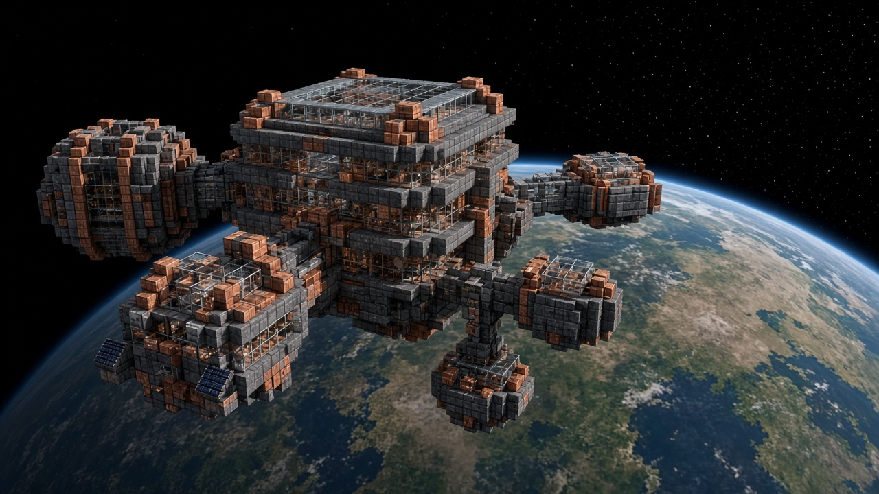 A block-built station in orbit above a blue and green planet.