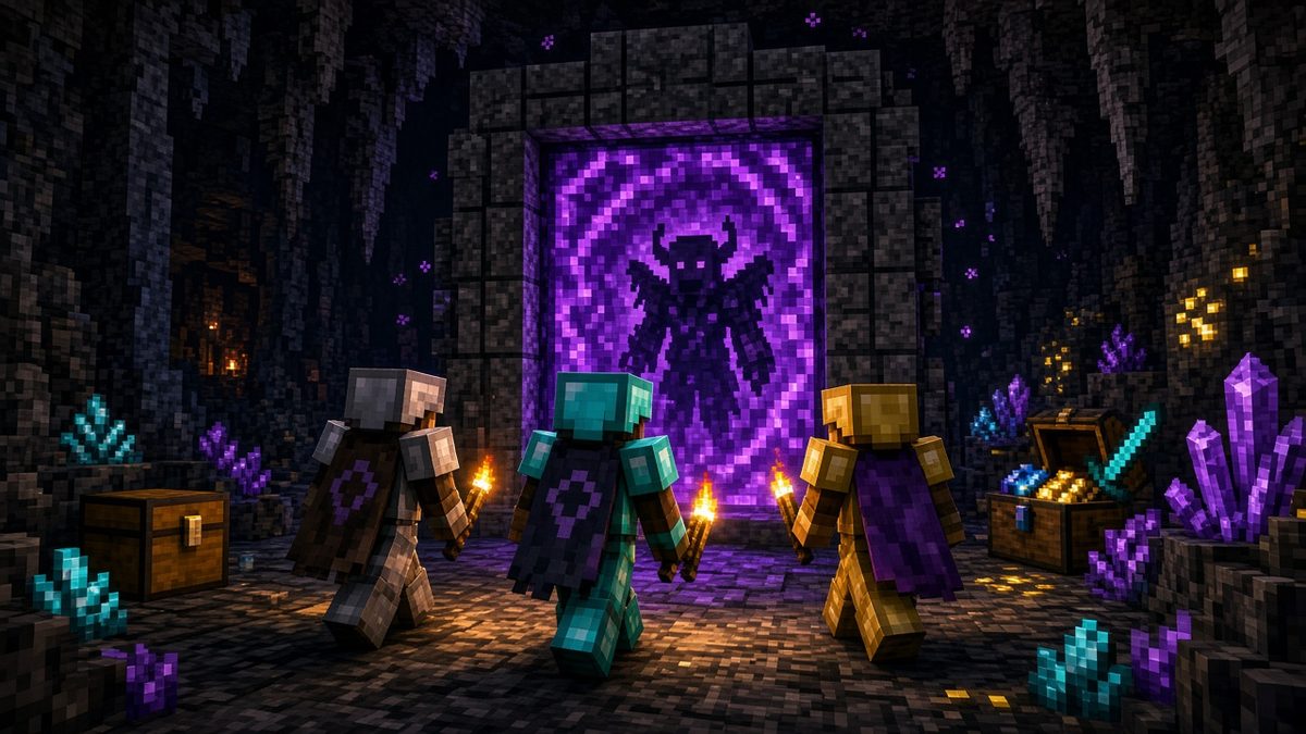 Three armored players with torches approach a glowing purple portal in a crystal cave.