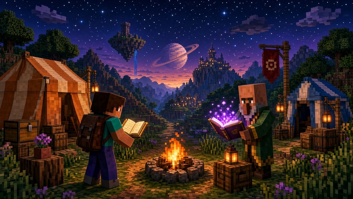 A player reads a quest book beside a campfire and a villager at a camp under a night sky.