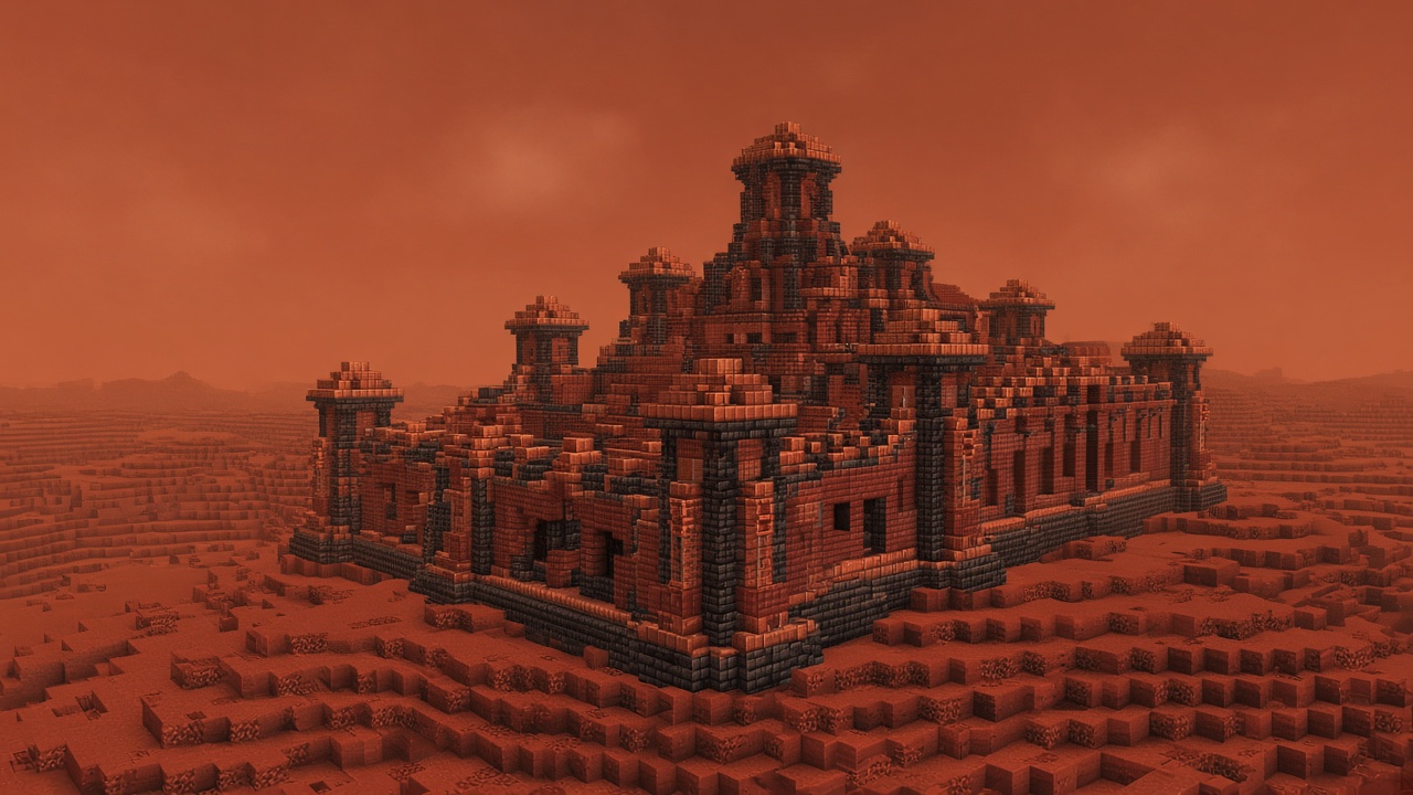 A red block fortress on dunes under an orange sky.